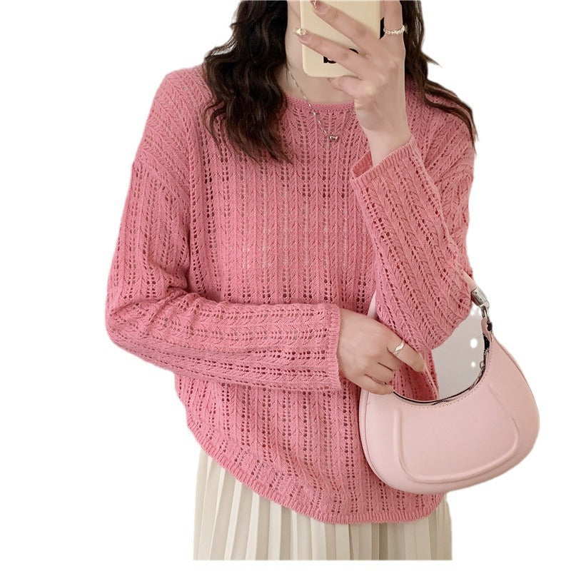 Damen Strickpullover Luftiger Netzdesign Beige