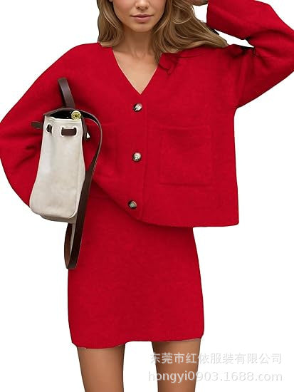 Damen Strickensemble V-Ausschnitt Knopfdetail Norvielle