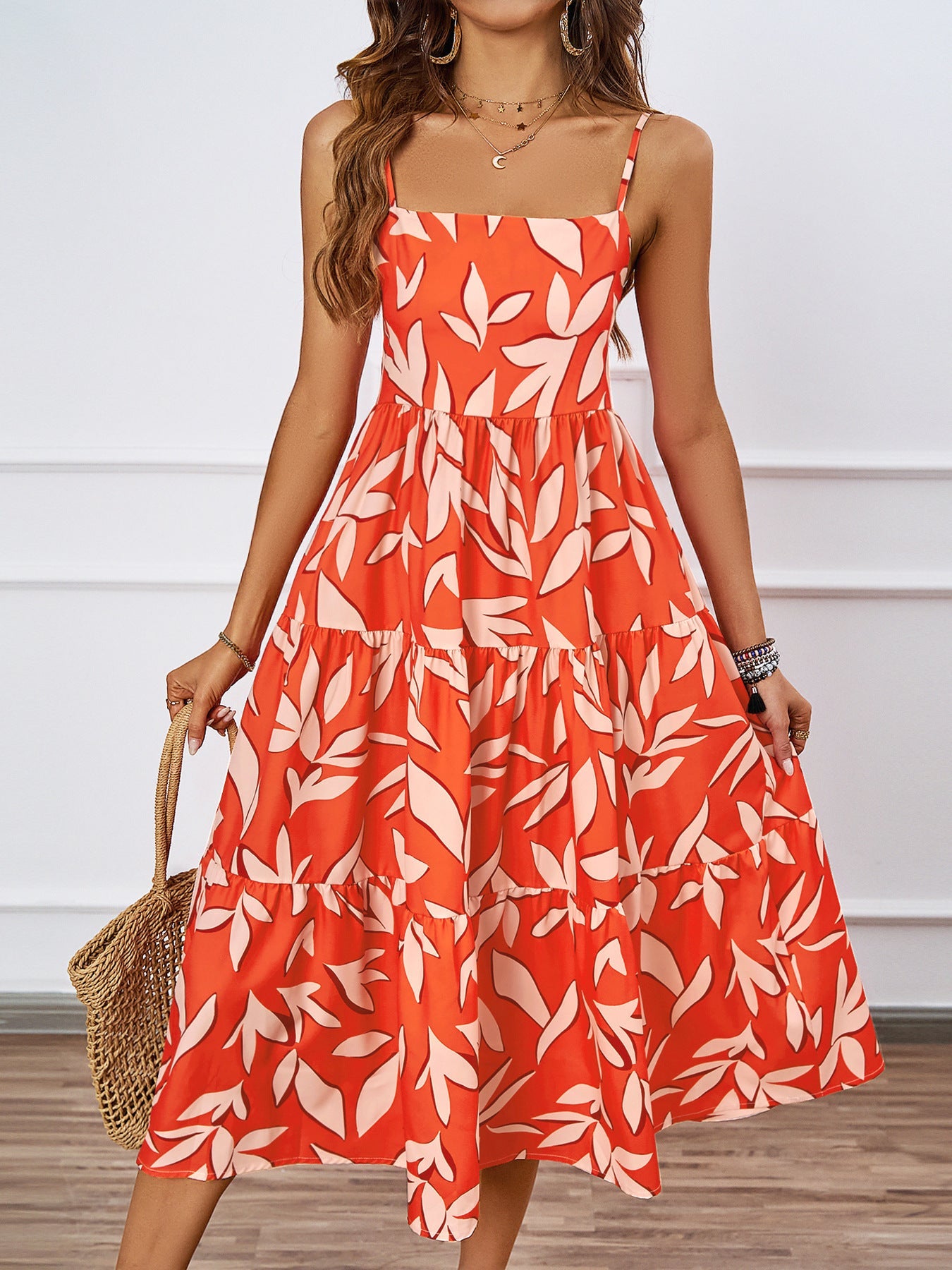 Damen Midikleid mit Blumenmuster Voluminöser Rock