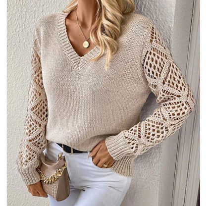 Damen Strickpullover V-Ausschnitt Lochmuster Norvielle