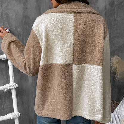 Damen Teddyjacke Nachhaltig Farbblockdetails Beige