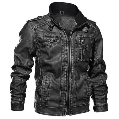 Herren Lederjacke Slim Fit Stehkragen Reißverschluss Multi-Taschen