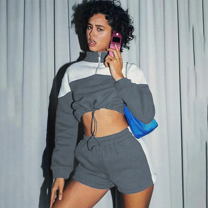 Damen Sportanzug Cropped Hochkragen Kordelzug
