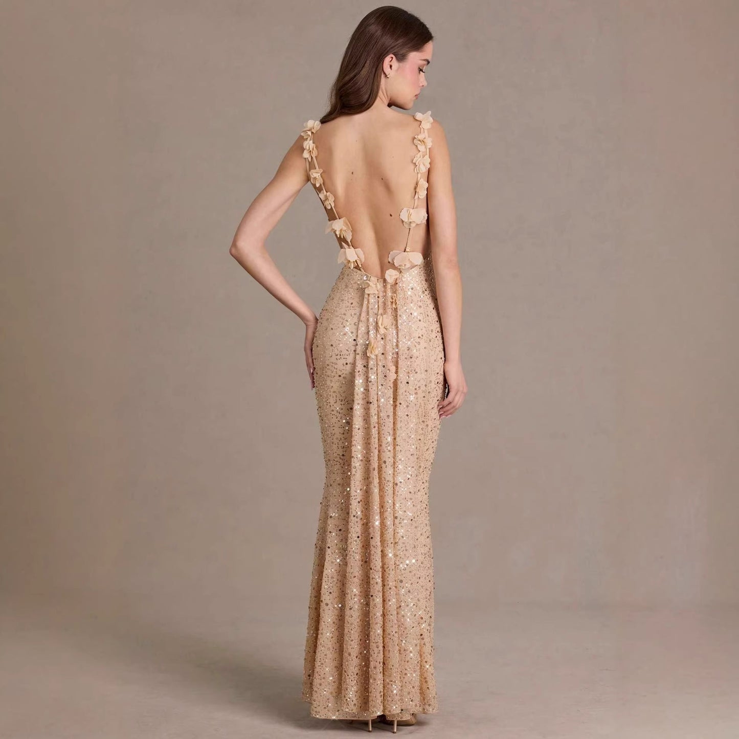 Damen Maxi-Kleid Pailletten Wasserfallausschnitt Figurbetonter Stoff