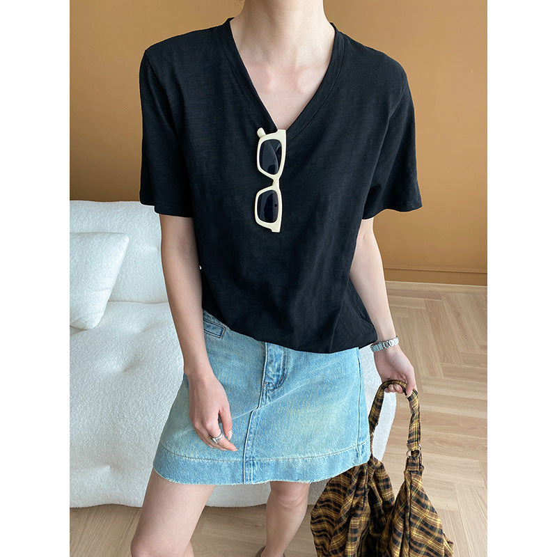 Damen T-Shirt V-Ausschnitt Weiches Material Beige - Norvielle
