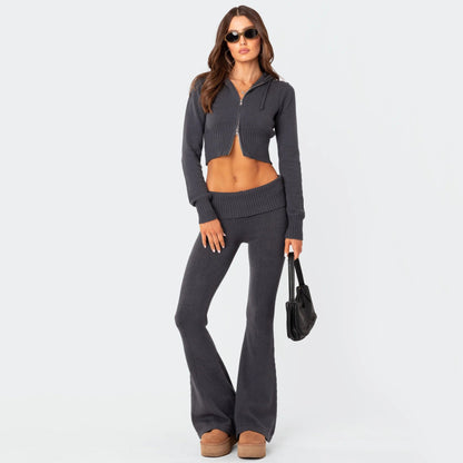 Damen Strickanzug Cropped Hoodie Weite Hose Bequem Norvielle