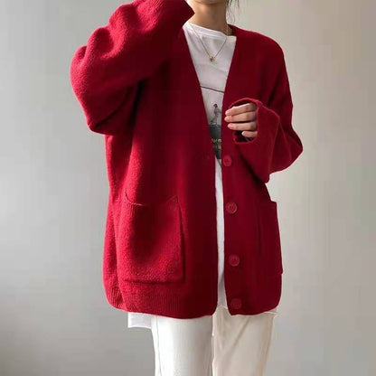 Norvielle Damen Strickjacke V-Ausschnitt mit Taschen
