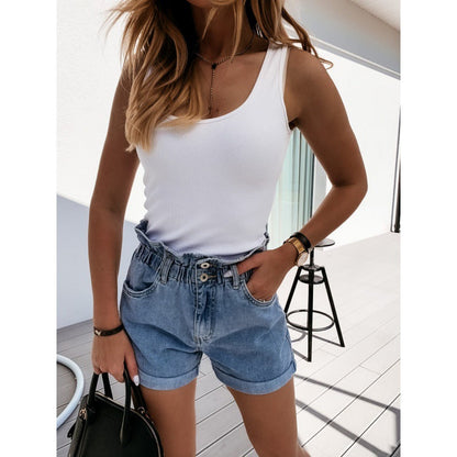 Damen Hochgeschlossene Jeansshorts Elastischer Bund Schwarz - Norvielle