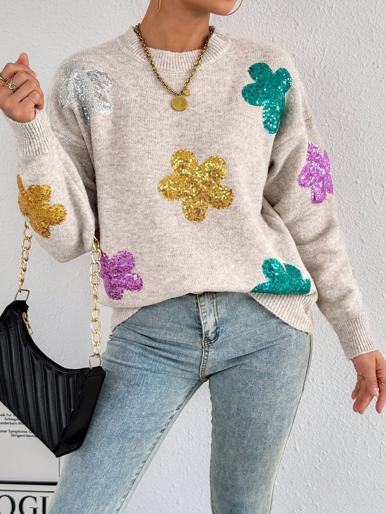Damen Oversized Pullover Glitzer Floralmuster Norvielle