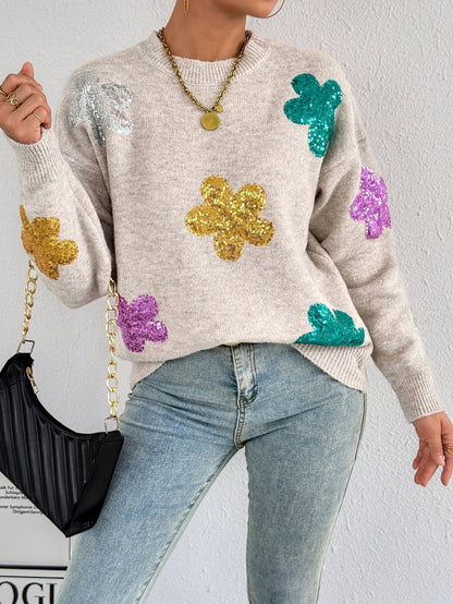 Damen Oversized Pullover Glitzer Floralmuster Norvielle