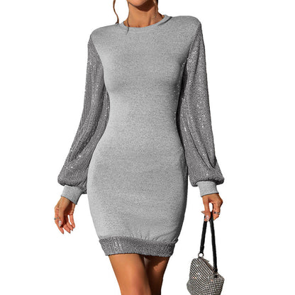 Damen Strickkleid Puffärmel Glitzer