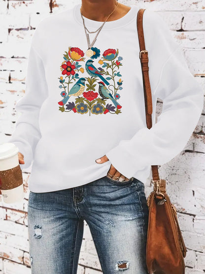 Damen Sweatshirt Florales Vogeldesign Lässiger Schnitt Norvielle