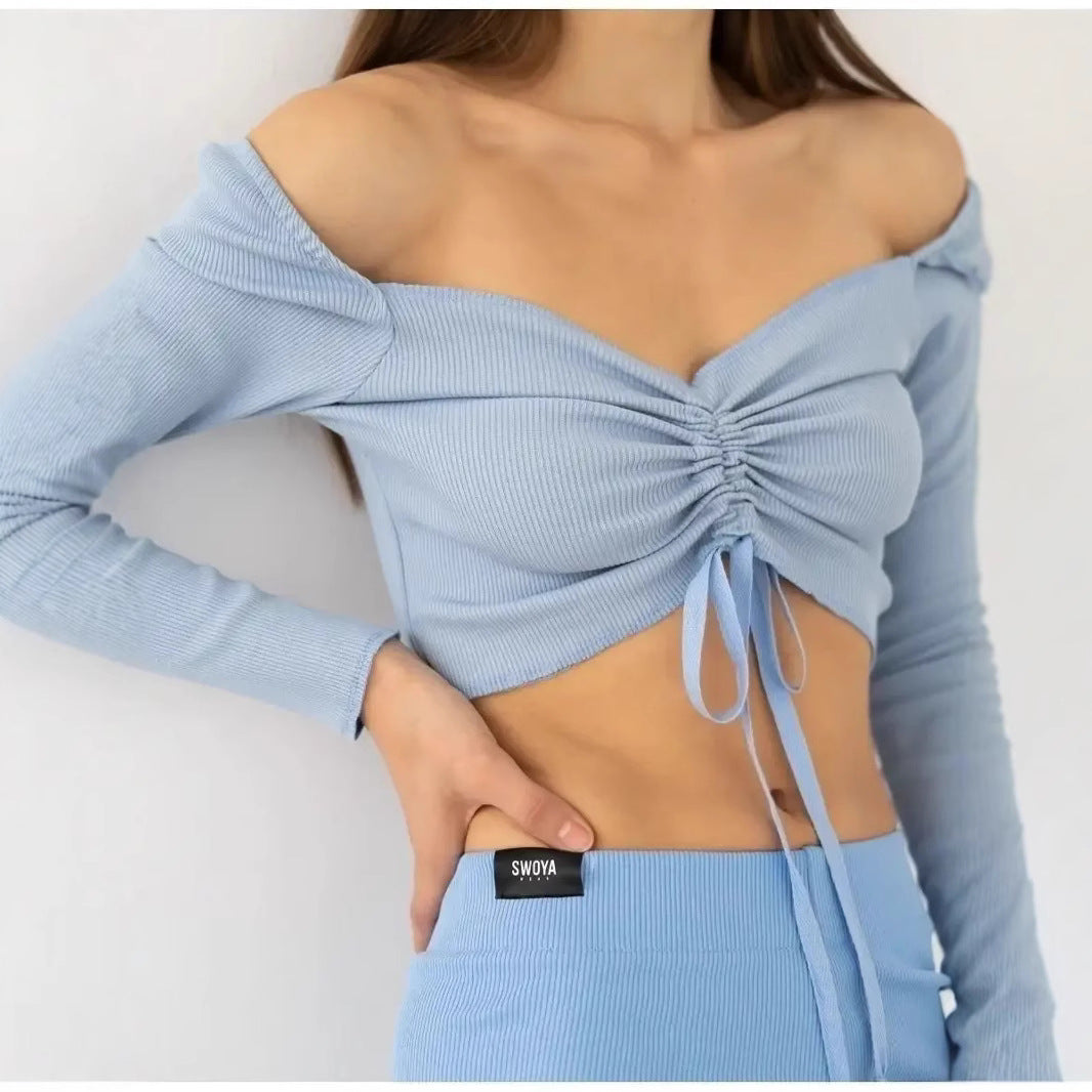 Damen Langarm Crop- Geraffte Vorderseite