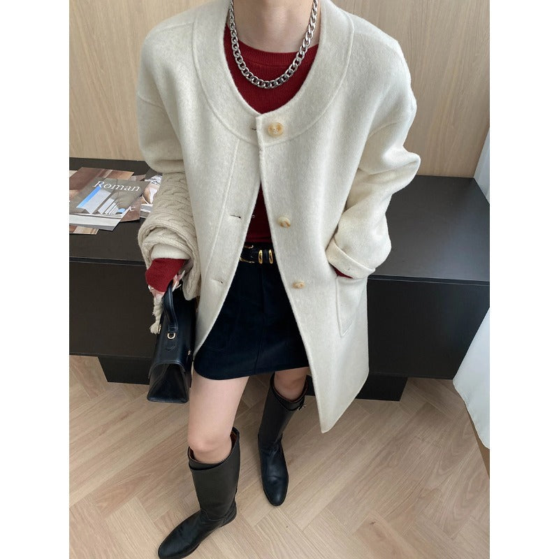 Damen Wollmantel mit Taschen und Knöpfen Schwarz - Norvielle