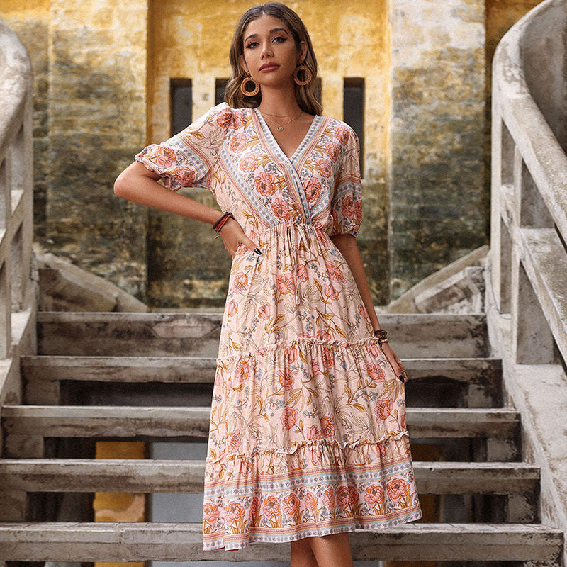 Damen Wickelkleid mit Blumenmuster Rüschen Taillengürtel