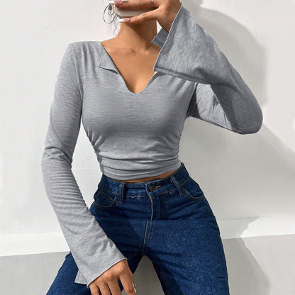 Damen Langarmshirt mit Trompetenärmeln und V-Ausschnitt
