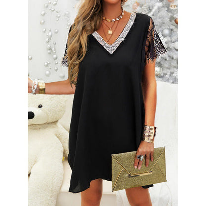 Damen Kleid mit Spitzenbesatz V-Ausschnitt Elegant - Norvielle