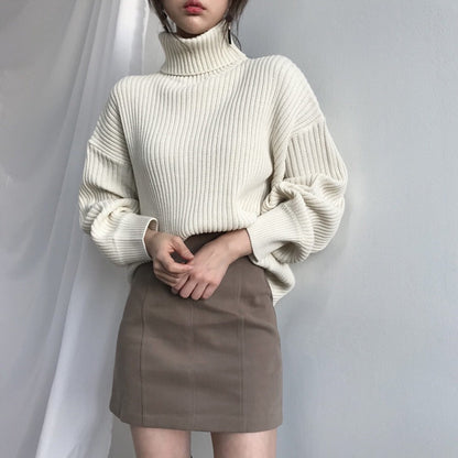 Damen Grobstrickpullover Hoher Kragen Voluminöse Ärmel Norvielle