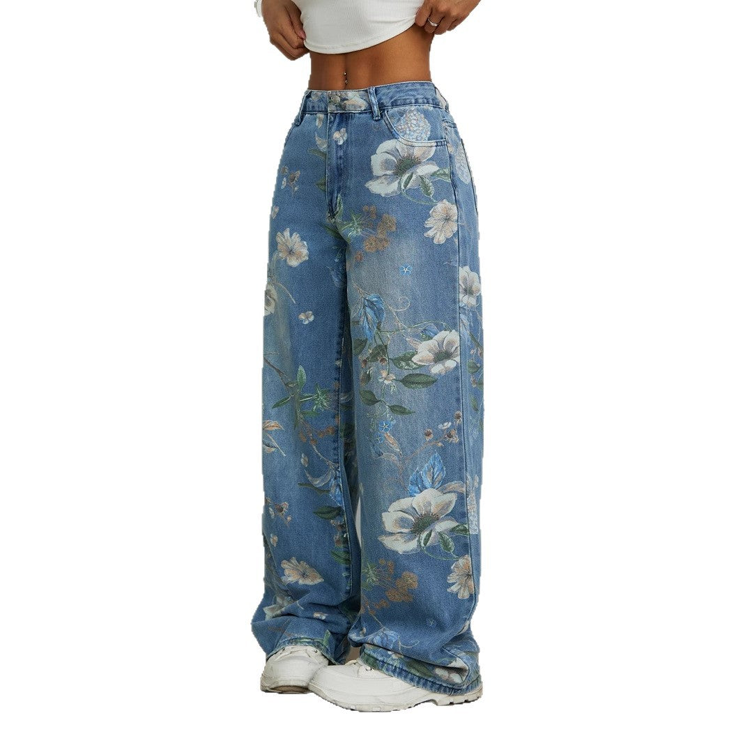 Damen Weite Jeans Florales Design Hochtailliert