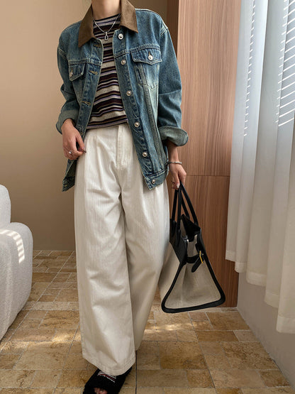 Damen Jeansjacke Lässiger Schnitt Kontrastkragen