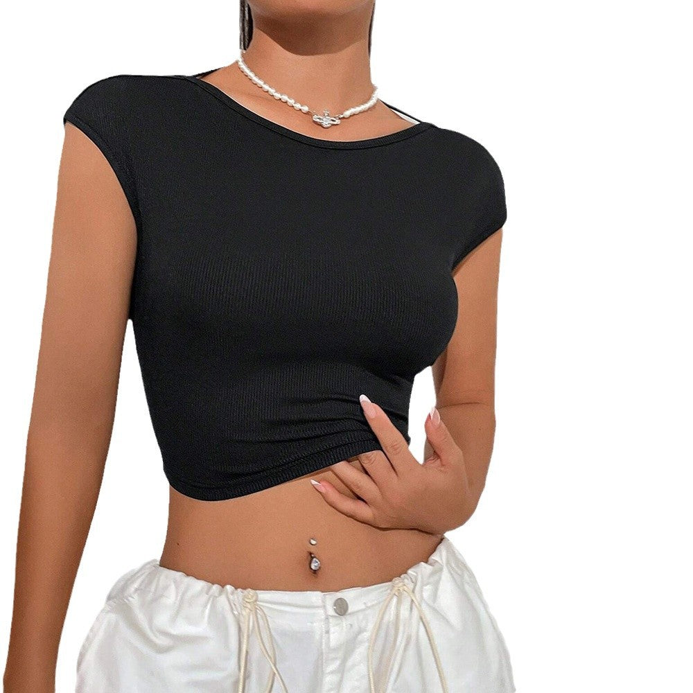 Damen T-Shirt Rundhals Cropped Rippdesign Weiß Norvielle