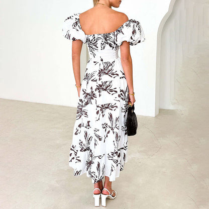 Damen Maxikleid Voluminöse Puffärmel Florales Design