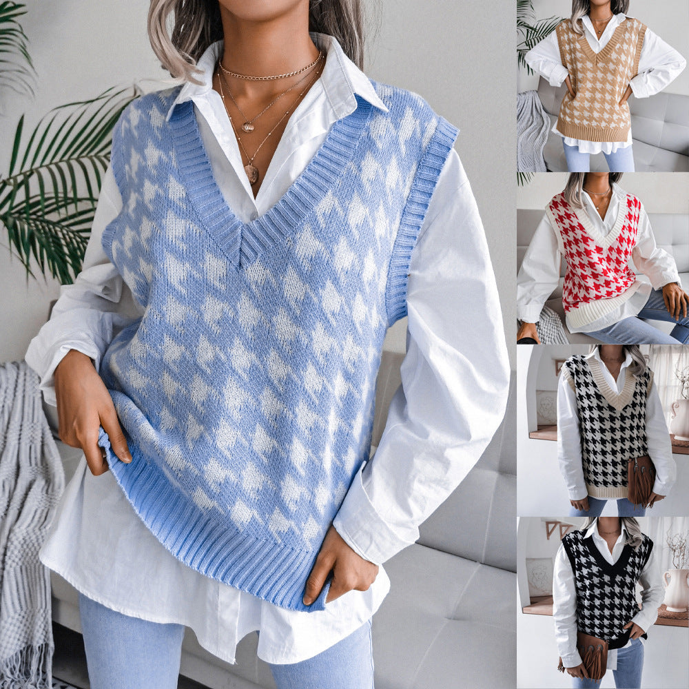 Damen Rippstrick-Weste V-Ausschnitt Hahnentritt-Design - Norvielle