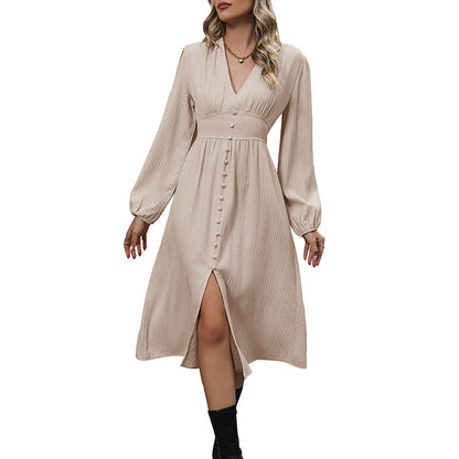 Damen Midikleid V-Ausschnitt Knöpfe