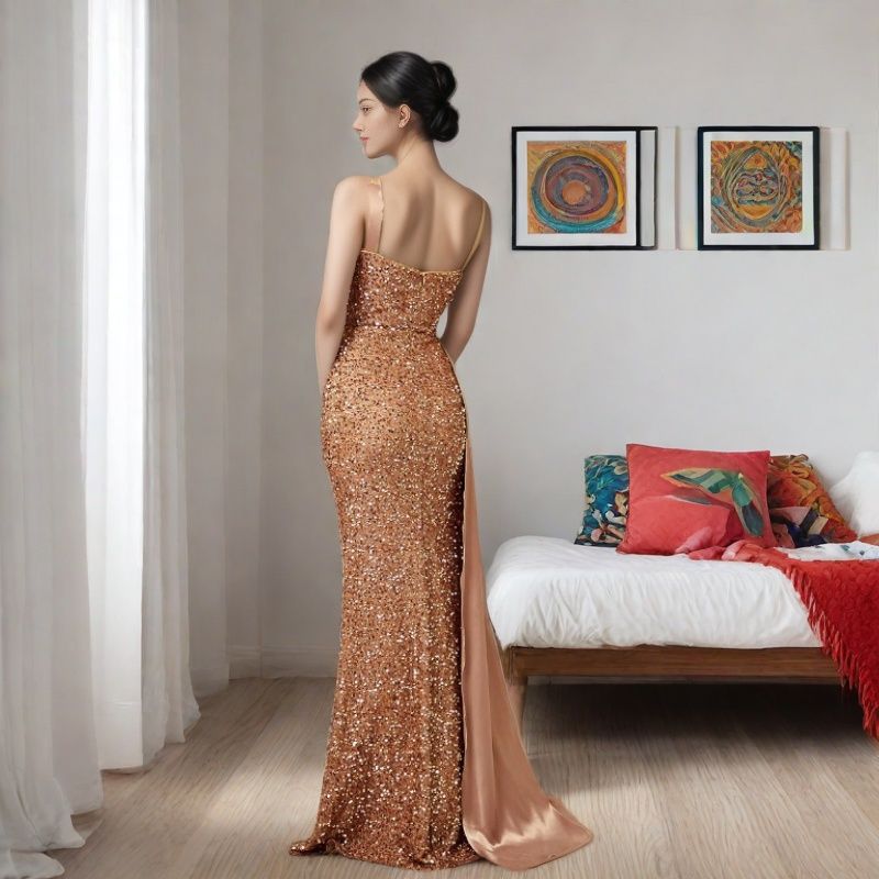 Damen Abendkleid Schimmernde Pailletten Eleganter Schlitz