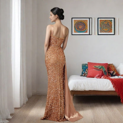 Damen Abendkleid Schimmernde Pailletten Eleganter Schlitz