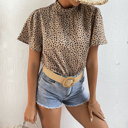 Damen Leopardenbluse Kurzarm Stehkragen