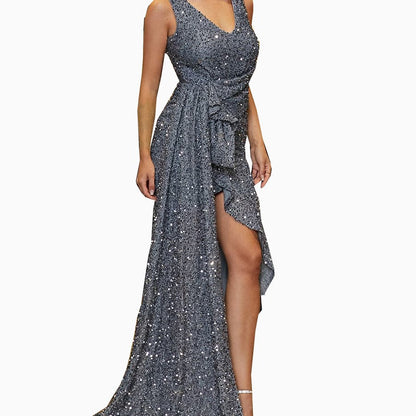 Damen Abendkleid Pailletten Asymmetrisch Schwarz - Norvielle
