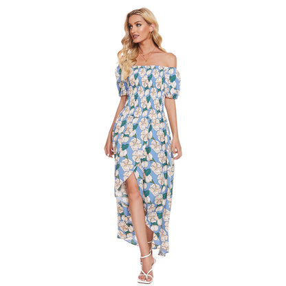 Damen Maxi-Kleid Schulterfrei Florale Rüschendetails