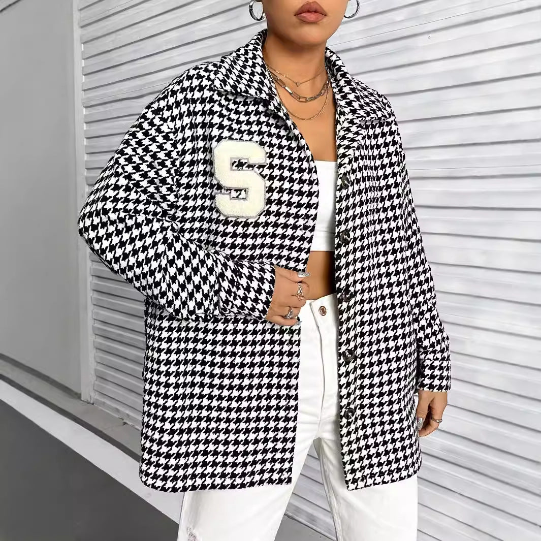 Damen Oversized Bluse Hahnentritt-Design Baumwolle