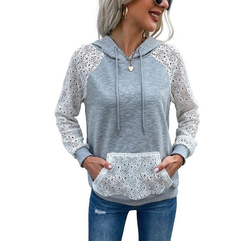 Damen Hoodie Spitzenärmel Kängurutasche Norvielle