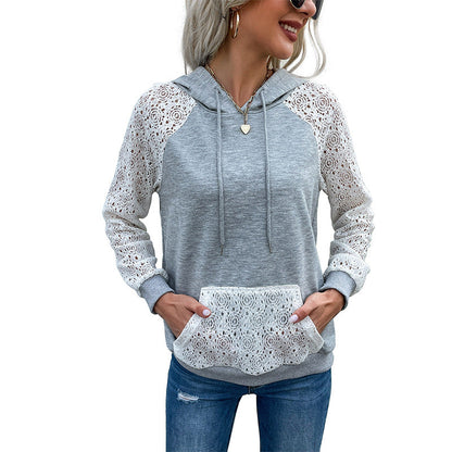Damen Hoodie Spitzenärmel Kängurutasche Norvielle