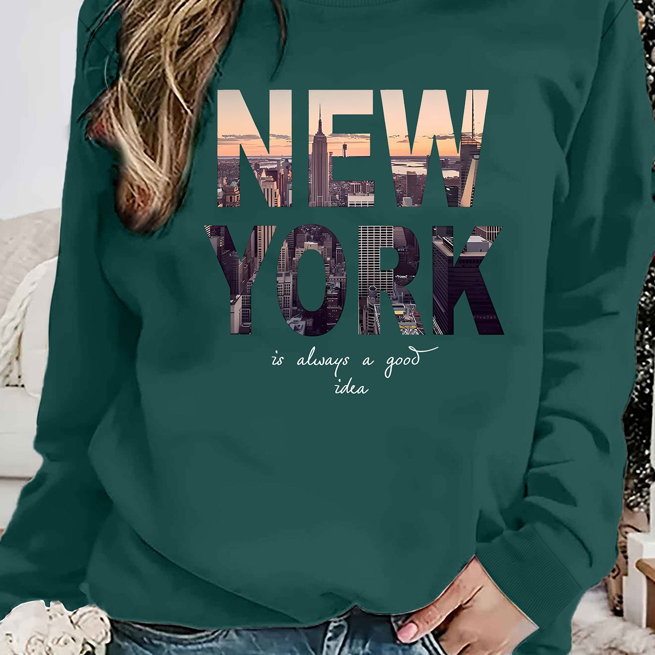 Damen Sweatshirt New York Skyline Druck Baumwolle Gemütlich Grau
