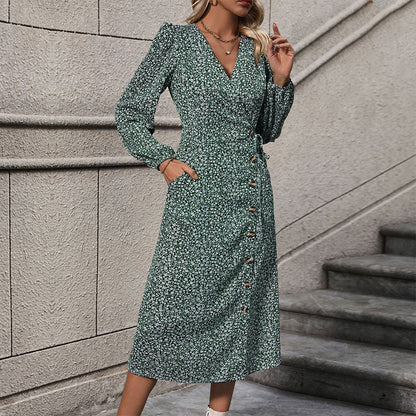 Damen Wickelkleid Knöpfe Floralmuster - Norvielle