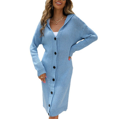 Damen Strickjacke Lange Kapuze Grobstrick Elegantes Design