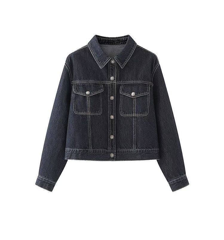 Damen Jeansjacke Klassischer Kragen 2 Brusttaschen