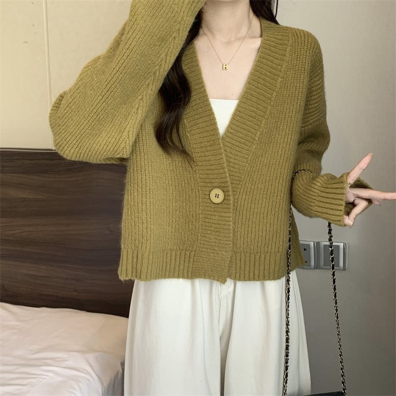Damen Strickjacke V-Ausschnitt Große Knöpfe Beige