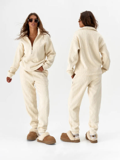 Damen Fleece-Loungewear-Set mit Reißverschluss Rippstruktur Norvielle