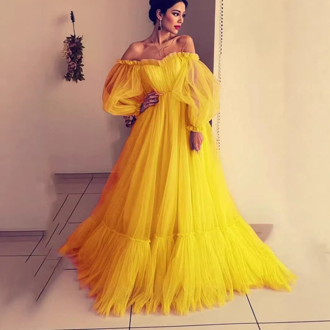 Damen Abendkleid Tüll Schulterfrei Voluminöse Ärmel Norvielle