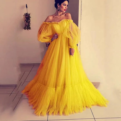 Damen Abendkleid Tüll Schulterfrei Voluminöse Ärmel Norvielle