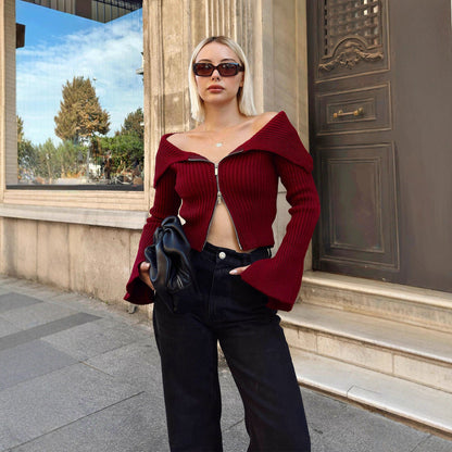 Damen Off-Shoulder Pullover Reißverschluss Norvielle - Norvielle