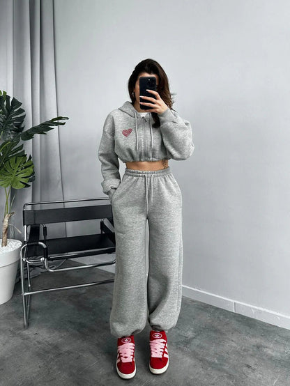Damen Hoodie Jogginghose Set Cropped Oberteil Elastischer Bund