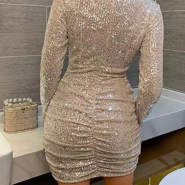 Damen Minikleid Glitzernd V-Ausschnitt Figurbetont Norvielle