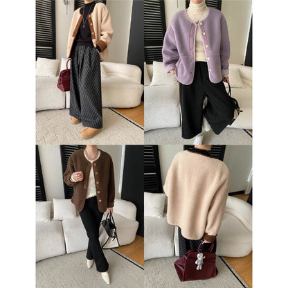 Damen Fleecejacke Kuschelig Knopfleiste Taschen