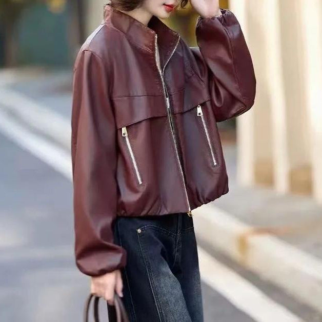 Damen Lederjacke Mit Hochem Kragen