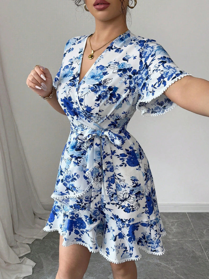 Damen Wickelkleid mit Rüschendetails und Taillengürtel Floralmuster